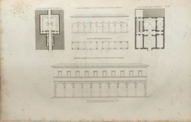 Pl.  83. Plan du Palais Zanopucci &agrave; Florence. El&eacute;vation g&eacute;om&eacute;trale et plan du petit march&eacute; aux poissons &agrave; Florence. El&eacute;vation g&eacute;om&eacute;trale de l'h&ocirc;pital de S.te Marie Nouvelle &agrave; Florence ...